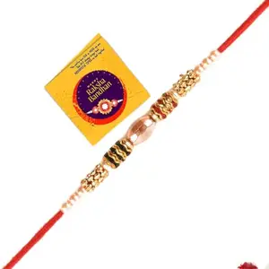 Boy's A.Pioneer : Handmade Customised White Pearl With Golden Beads Designer Rakhi For Brother/Bhai/Bhaiya With Roli Chawal & Rakshbandhan Greeting Card (Wp01)