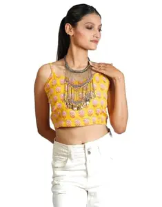 Shrivas Fashion by Yashika SHRIVAS Women Yellow Shoulder Straps Printed Crop top with Classic Design Pattern | Stylish Sleeveless Top for Girls (Small)