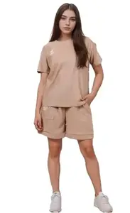 Women Cute Bear 2 Piece Loungewear Sets Casual Short Sleeve Women Tops Drawstring Shorts Pants (Skin, M)