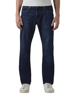 MUFTI Men Jeans | Straight Fit Mid-Rise Design with Whiskering & Faded Pattern | Cotton Blend Stretch Denim for Casual & Smart Casual Wear| Deep Indigo Blue 28