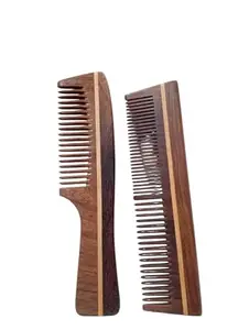 Handcrafted Wooden Hair Comb Kacchi Neem Wooden Decorative Stripe, Wide-Toothed Design Suited For All Hair Types - Combo Pack of 2