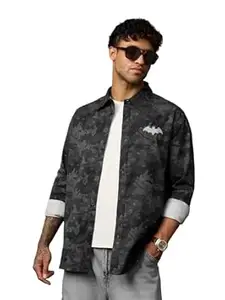 The Souled Store Batman: Rage: Men and Boys Long Sleeve Collared Grey Embroidered Lightweight Easy to Style Everyday Office Wear Cotton Relaxed Shirt