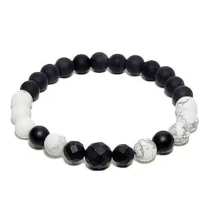 RRJEWELZ Natural Howlite & Black Onyx Round Shape Smooth & Faceted Cut 8mm Beads 7.5 inch Stretchable Bracelet for Healing, Meditation, Prosperity, Good Luck | STBR_04235