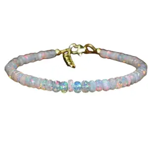 LKBEADS Silver Plated Bracelet with Multicolor Smooth Ethiopian Opal Beads – Rondelle 3.5-4mm – 7 inch Adjustable – For Men & Women|LK_STACK_02660