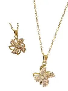 ASK Collections Gold Plated Rhinestone Studded Moving Revolving Flower Pendant with Chain | Necklace for Girls and Women