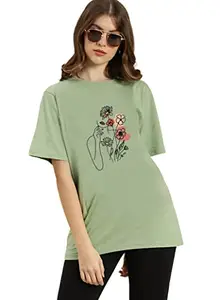 AMEVI Causal Oversized Printed Cotton T-Shirt for Women/Girls Green