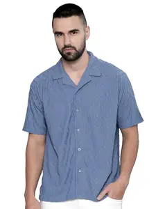 Maniac Mens Creased Solid Collared Neck Full Sleeve Denim Blue Cotton Shirt