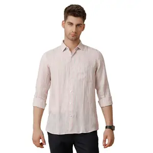 Linen Club Men's Pure Linen Pink Striped Regular Fit Full Sleeve Casual Shirt(Size:-44)-LCSFST0022790