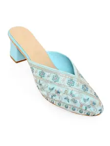 V-WALK Women's Slip-On Anti-Skid Embellished & Embroidered Backopen Block Heels | Ethnic, Festive Occasions, Shopping, Outdoor Heel Sandals for Women | Sky Blue