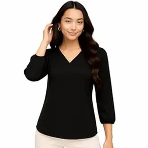 PRIASE B PraiseB Women v Neck top Office wear top for Women Casual and Formal Western top Regular fit Work wear Girls Stylish Soft Fabric 3/4 Sleeve