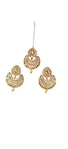 Shree Kittur Jewellers Maang Tikka With Earrings Set Gold Plated Kundan & Pearl Earring Set with Maang Tikka for Women| Kundan Pearl Drop Fashion Jewellery For Girls