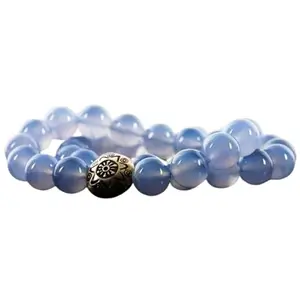 RRJEWELZ Natural Blue Chalcedony Round Shape Smooth Cut 8mm Beads 7.5 inch Stretchable Bracelet for Healing, Meditation, Prosperity, Good Luck | STBR_02045