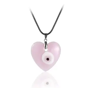 El Regalo 1 PC Big Pink Evil Eye Pendant Necklace for Girls & Women - Turkish Evil Eye Big Leather Rope Necklace (Heart Evil Eye)