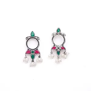 StylishKudi Multi Stone Studded Oxidised Earrings with Hanging Pearls