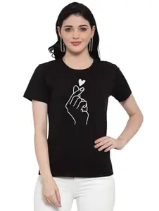 Women's Cotton Blend Hand Heart Line Art Printed T-Shirt (Black, S)-PID45175