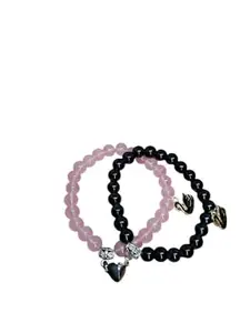 Couples Swan Charm Beaded Bracelets Set, Black and Pink, 2 Pieces,with heart magnetic charms, gift for couples