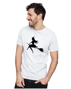 ALLEN BLACK Men's & Women's Regular Fit 100% Cotton T-Shirt (WITCH07-White XL Men Round_)