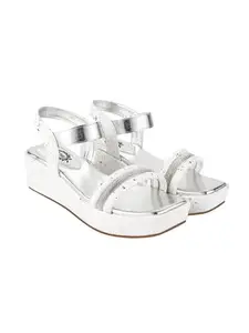 Shoetopia Rhinestone Detailed Silver Shiny Platform Heeled Sandals For Women & Girls /UK8-EU41