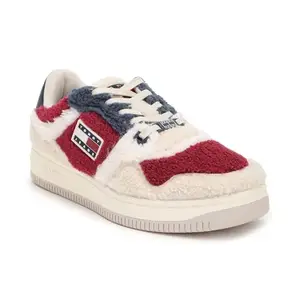 Tommy Hilfiger Polyester Self Design Beige-Red Women Flat Sneakers (F23HWFW027) Size- 40
