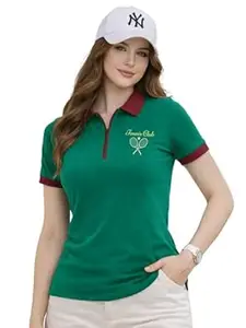 JUNEBERRY® Women’s Regular Fit Lycra Polo T-Shirt V- Neck with Zipper Collar Design, Lycra Fabric for All-Day Comfort and Easy Everyday Styling (Sizes S to 2XL)