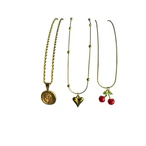 Gold-Plated Pendant Necklace Set, 3 Pieces, Sunflower Medallion, Heart Charm and Cherry Design