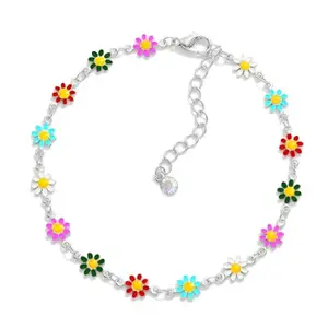 VAMA Silver Adjustable Multicolor Daisy Flower Ankle Bracelets Toes Foot Jewelry Leg Payal Anklets Charm Chains for Girls Women