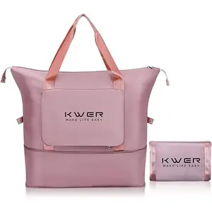 Kwer Nylon Expandable Travel Bags for Women, Duffle Bags for Women Luggage, Foldable Vanity Traveling Bag, Waterproof Hand Bag for Ladies Personal Items, Pink