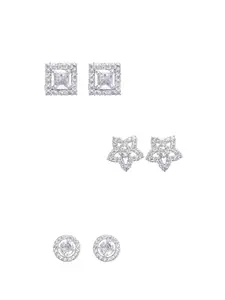 PRIVIU Studio Set Of Three Rhodium Plated Rectangle, Oval & Star American Diamond Earrings For Women