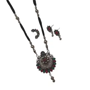 Swaroop Designer Silver Plated Black Beads Oxidised Designer White Metal Women's Mangalsutra with Earring Nosepin Combo Set - 30 inch