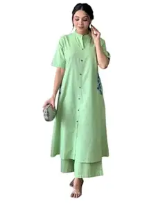 Honesst Ennterprise Women's Cotton Embroiderd Long A-Line Kurti with Palazzo