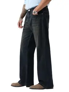 The Souled Store Raw Static Men and Boys Zippered Dark Blue Washed Stretch Cotton Blend Bootcut Fit Stretchable Lightweight Everyday All-Season Durable Comfortable Bootcut Denim Jeans