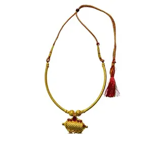 Traditional Gold-Plated Necklace with Red Tassel, Antique Design Pendant, Indian Style