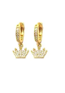 Gold Plated American Diamond Earrings for Women Stylish Golden Crown Pendant Fashion Drop Earrings