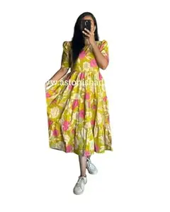 Prajapati fashion Women's Cotton Blend Maxi Midi Dress Western Dress for Women Elegant Floral Printed Long Dresses