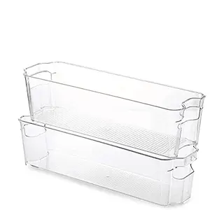 Golden bird Rectangular Clear Plastic Pantry Organizer Bins Set, Food Storage Bins with Handle BPA-free (14.5 L x 4.5 W x 3.8 H Inch, 2)