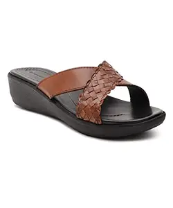 HF JOURNEY Flip Flop (Size 37) Tan Burnish Leather Lounging Slipper For Women, Slip on, Rounded Tip, EVA Sole, Flat Heel (UK Size 4) JANE - 8182