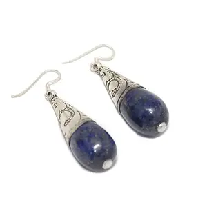 Rajasthan Gems Earrings Vintage 925 Sterling Silver Lapis Lazuli Stone Women Wax Inside D490