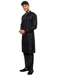 VASTRAMAY Luxury Traditional Indian Schiffli Embroidery Work Kurta Pajama Set for Men