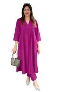The King Shope Women's Cotton Plain Coard Set A-Line Straight Kurti with Pant
