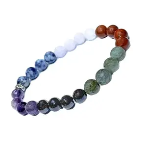 RRJEWELZ Natural 7 Chakra Stone 8mm Round Shape Smooth Cut Beads 7 Inch Stretchable Bracelet For Men & Women. Unisex Bracelet For Healing, Meditation, Prosperity, Gift & Luck|STBR_RR_09615_7.0