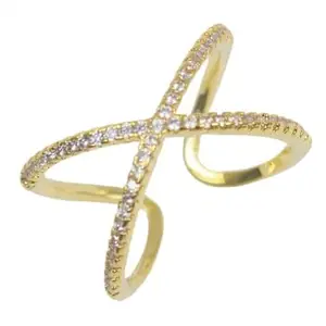 Crystal Rhinestone X-Shaped Gold Ring, Adjustable Fashion Statement Ring