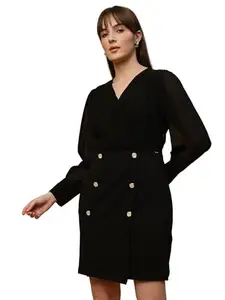 BEATNIK Casual Wear V-Neck Full Sleeve Black Womens Dresses (X-Small, Black)