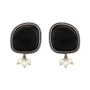 Efulgenz Oxidized Geometrical Pattern Black Stud Earrings for Women