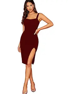 Aahwan Maroon Solid Split Thigh Bodycon Midi Dress For Women & Girls