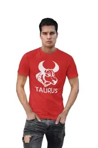 Bag It Deals Taurus, (BG White) Red Round Neck Cotton Half Sleeved T-Shirt with Printed Graphics