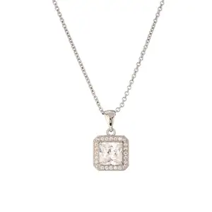 MINJI AND CO. Pendant CZ Stone, Antitarnish, Adjustable Chain, Square Shape Pendant - 20mm x 14mm with 17-inch Adjustable Chain, Silver Color Brass, Casual Wear