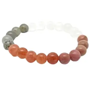 RRJEWELZ Natural Clear Quartz, Labradorite, Rhodonite & Strawberry Quartz 8mm Round Shape Smooth Cut Beads 6.5 Inch Stretchable Bracelet For Men & Women. Unisex Bracelet For Healing|STBR_RR_11066_6.5