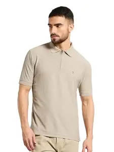 BEYOUNG Structured Poly Textured Zipper Regular Fit Solid Polo Tshirt for Men - Soft Beige | Collar Tshirt | Half Sleeves | Solid Casual T-Shirt