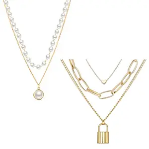 Vembley Combo of 2 Gold Plated Double Layered Pearl and Heart And Lock Pendant Necklace For Women and Girls