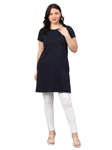 FLEXIMAA Women's Cotton Plain Round Neck Half Sleeve Navy Blue Color Long Top XXL Size